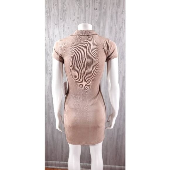 Ruched Slinky Andy Metallic Taupe Button Down Shirt Mini Dress With Jean - Picture 6 of 7
